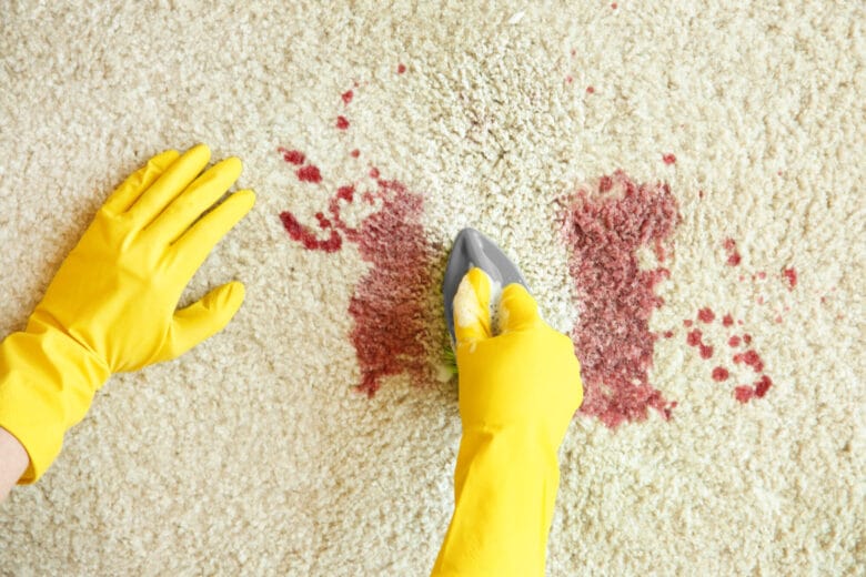 Hands in rubber gloves cleaning carpet with brush and detergent